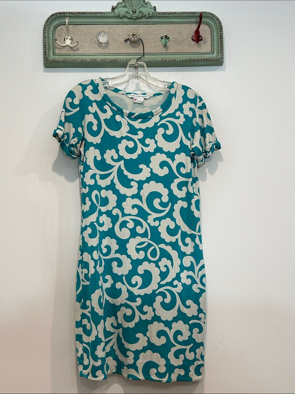 DVF Teal & Cream Silk scroll-damask Shift Dress Women's Casual short sleeve mini